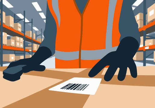 Warehouse worker sticking bar code on box
