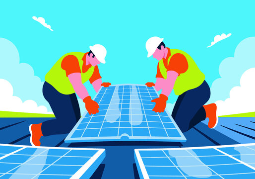 Workers adjusting solar panels under sky