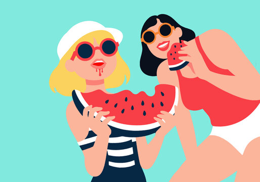 Friends eating watermelon against turquoise background