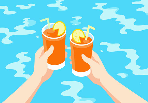 Cropped hands of people holding juice glasses over swimming pool
