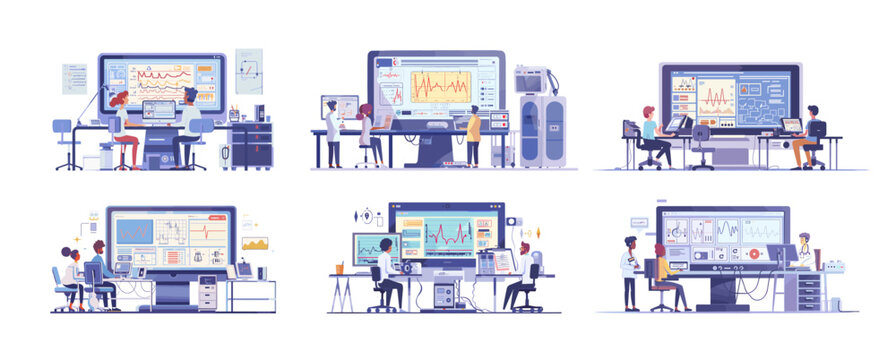 Cartoon lie or truth detection scenes. Tiny characters with huge monitor, man woman back view personages examining heart pulse bars and charts, watching human body physiological reactions on polygraph