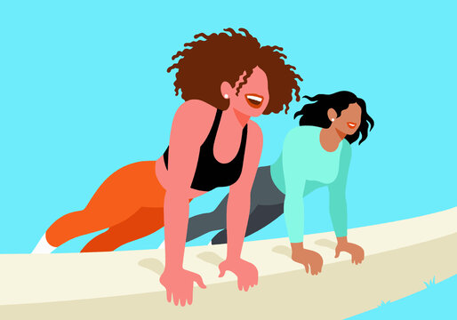 Cheerful women exercising against turquoise background