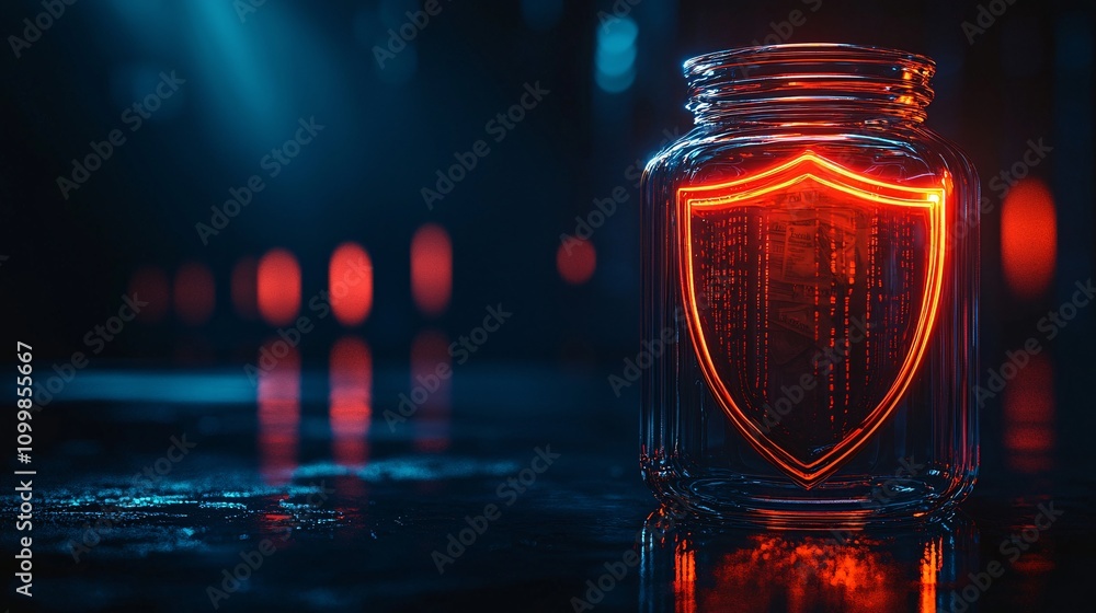 Poster A symbolic image of a shield protecting a savings jar representing financial safety Stock Photo with side copy space