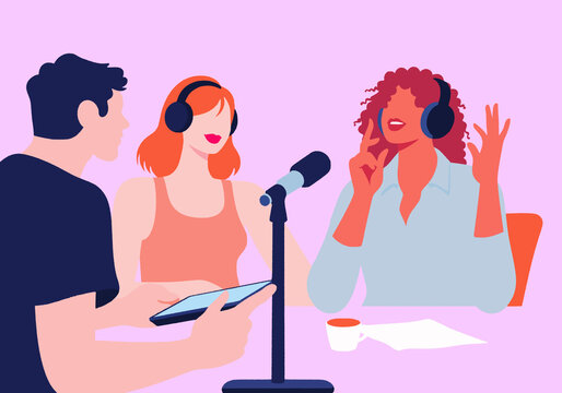 Radio host interviewing guests against pink background