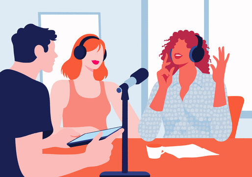 Radio host interviewing guests in radio station