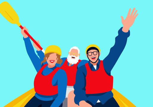 Cheerful couple enjoying river rafting with instructor against turquoise background