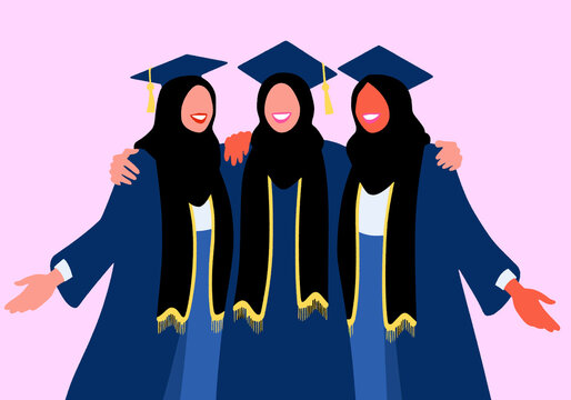 Cheerful female friends in graduation gowns against pink background