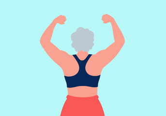 Woman showing muscular build and exercising in front of turquoise background
