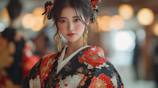 黒地に赤い花が舞う艶やかな着物姿、金の房飾りと花簪が織りなす凛とした美しさ、優美な白襟と金糸の刺繍が映える伝統的な和装、柔らかな光に包まれた気品あふれる横顔、現代の花嫁衣装が魅せる東洋の美