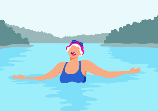 Woman enjoying swimming in lake against clear sky
