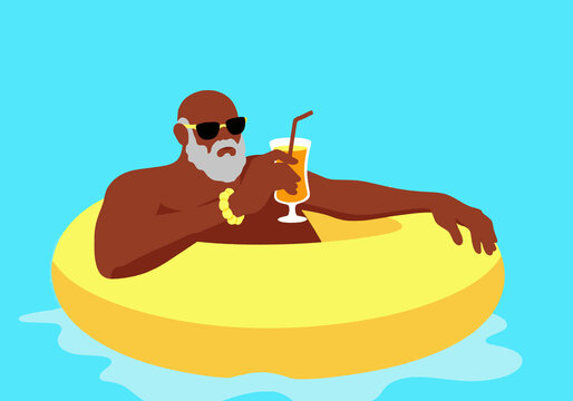 Mature man with drink relaxing on inflatable ring in pool