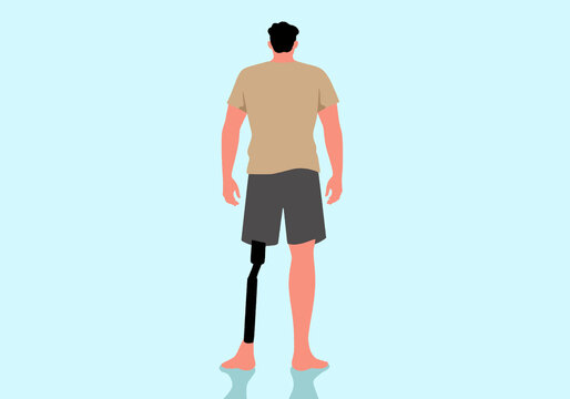Man with prosthetic leg standing against blue background