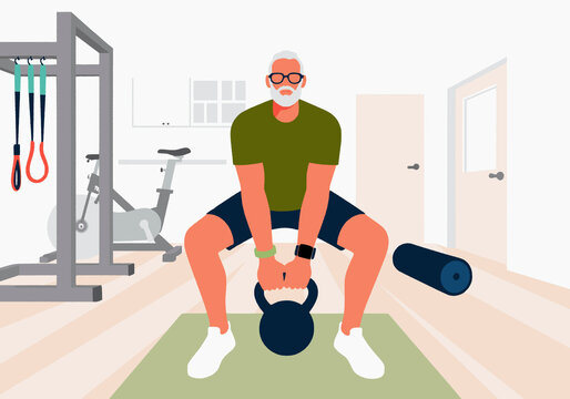 Mature man exercising with kettlebell in gym