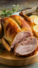Herb-seasoned whole chicken ready to serve. Holiday seasonal fully cooked roast with herbs and vegetables.