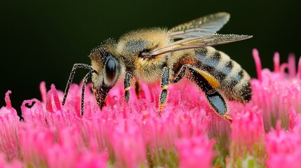 Close-up of honeybee pollinating vibrant pink flower.