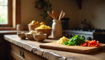 A rustic kitchen counter filled with fresh ingredients like spices in small bowls, wooden utensils, and a cutting board with freshly chopped vegetables
