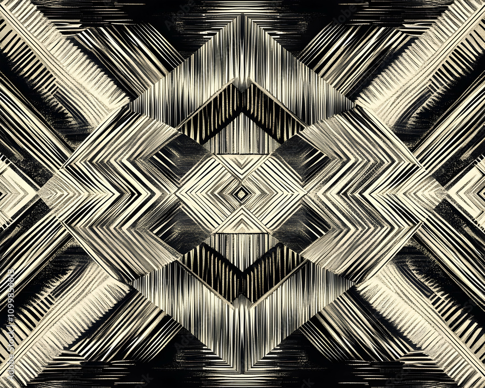 Poster abstract geometric pattern with symmetrical design in beige and black tones.