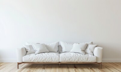 Minimalist living room with a sofa. plant. and sunlight streaming through the window