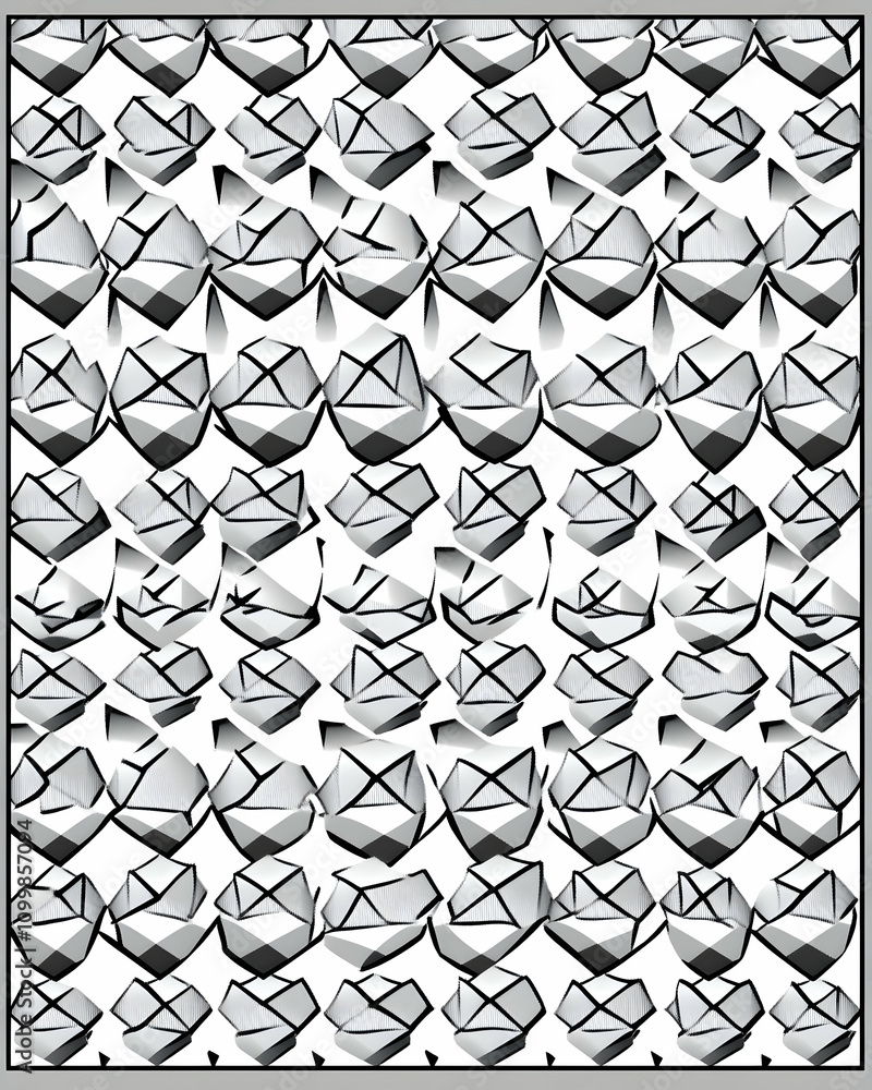 Poster abstract grayscale geometric pattern of repeating shapes.