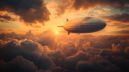 Naklejka premium Majestic Airship Soaring Above Golden Sunset Cloudscape