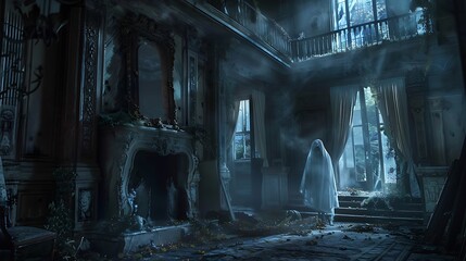 A hauntingly beautiful abandoned mansion with a ghostly figure, illuminated by soft light filtering through the windows.