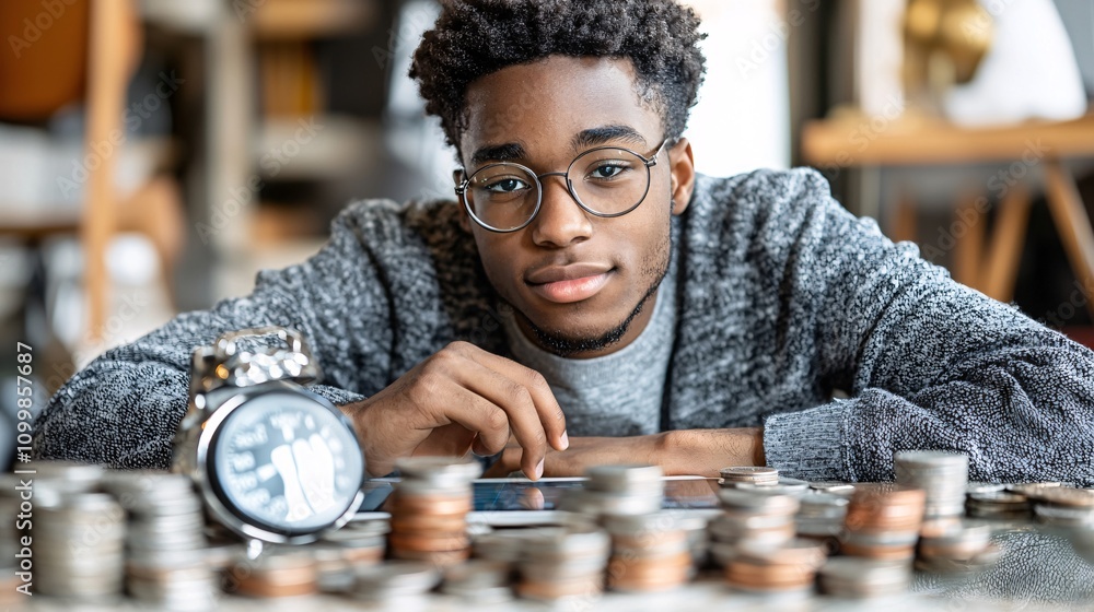 Poster a young adult using a budgeting app on a tablet to calculate monthly savings stock photo with side c
