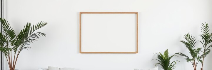 A poster mockup featuring a minimalist design hangs on clips against a white wall in a modern home setting, empty, living space