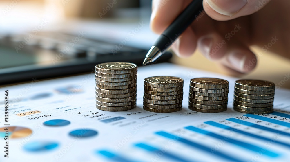 Poster a young adult using a budgeting app on a tablet to calculate monthly savings stock photo with side c