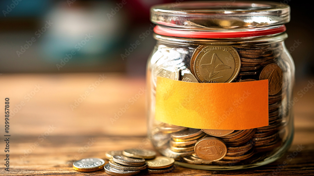 Poster a symbolic jar filled with coins labeled emergency preparedness fund stock photo with side copy spac