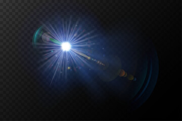 Glowing lens flare. Beautiful glare effect with bokeh, glitter particles and rays. Sparkling light effects of flash with colorful twinkle. Shining abstract background. Vector illustration