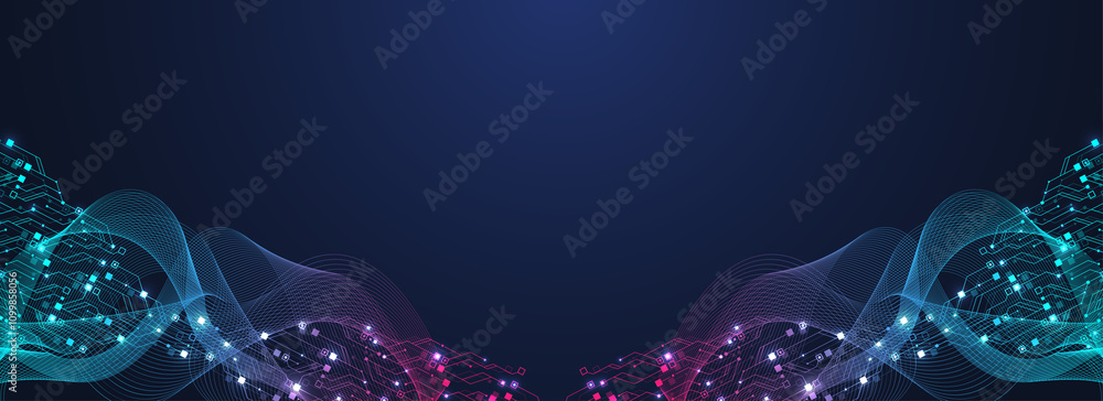 Leinwandbilder Artificial Intelligence or machine learning illustration design. Quantum computer technology concept with circuit board and motherboard texture background design. Waves flow quantum explosion