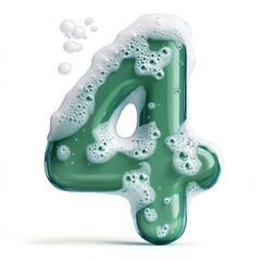 A bubbly green number four with soap bubbles, suggesting cleanliness or fun.