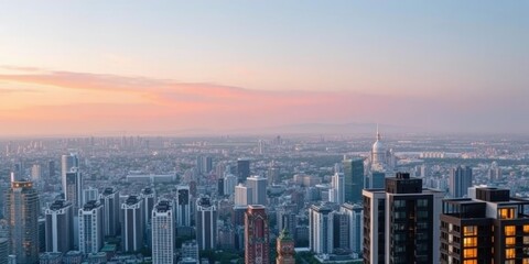 Fototapeta premium A modern apartment with a panoramic view on a luxury condo building, urban, real estate, panoramic view