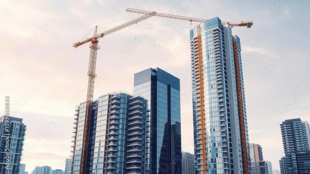 Poster a time lapse of a modern high end architecture project evolving from initial construction to complet