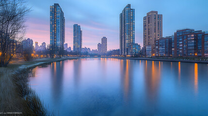 Obraz premium Calm sunrise over city skyline reflected in tranquil lake.