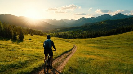 Fototapeta premium A cyclist rides along a scenic trail through lush greenery, with mountains silhouetted against a vibrant sunset sky, embodying adventure and freedom.
