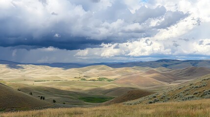 Fototapeta premium Dramatic clouds over rolling hills and grasslands.