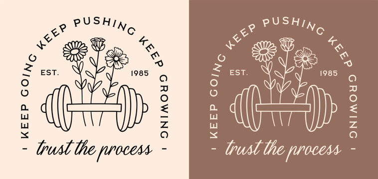 Gym girl trust the process motivational quotes for working out weight lifting keep going growing growth mindset. Floral dumbbell retro aesthetic healthy lifestyle shirt design sticker print vector.