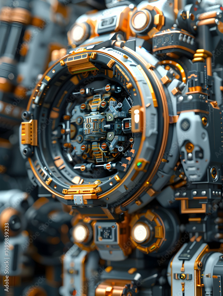 Poster close-up of a complex, futuristic mechanical device with intricate details and glowing elements.