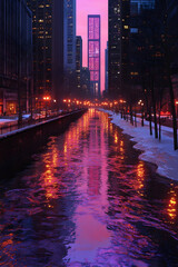 Obraz premium Cityscape at dawn, reflecting in a snow-lined canal.