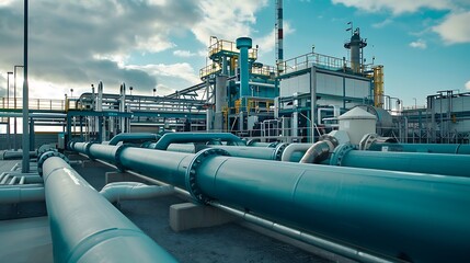 A modern industrial facility with large pipelines and machinery under a cloudy sky.