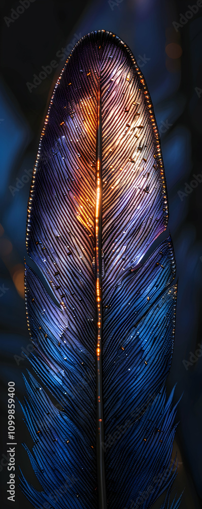 Poster close-up of a vibrant, iridescent bird feather with intricate details and color variations.