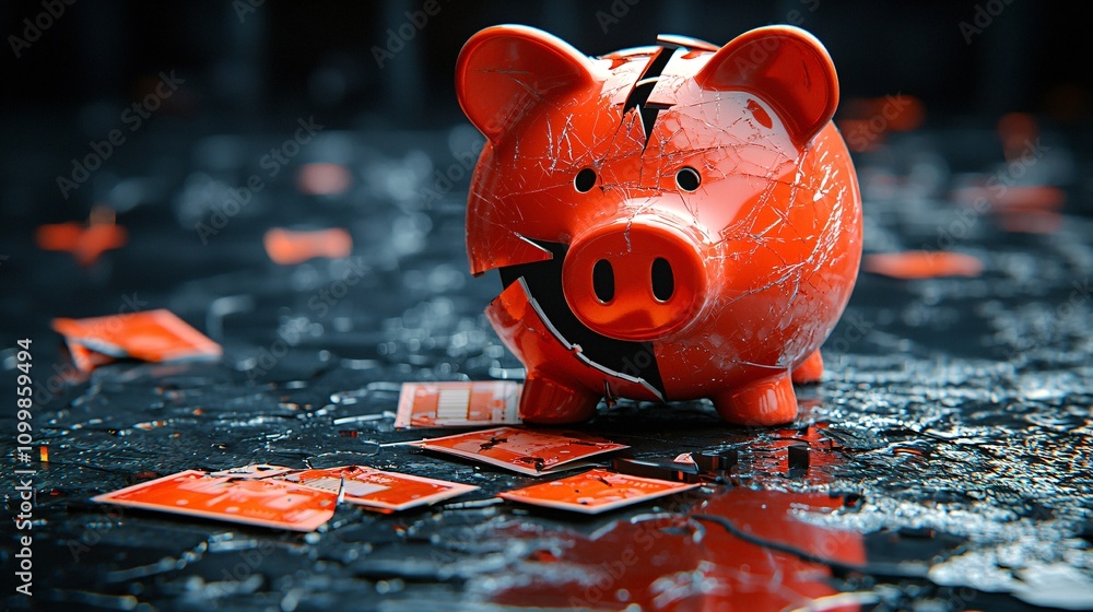 Poster A symbolic image of a broken piggy bank being repaired as a metaphor for rebuilding finances Stock Photo with side copy space