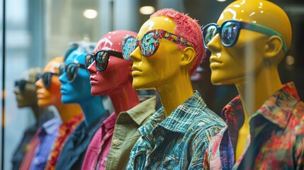 Group of mannequins dressed in colorful, trendy clothing in a boutique window 
