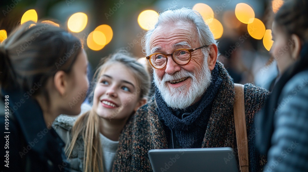 Poster a family gathered around a laptop discussing ways to build a financial safety net stock photo with s
