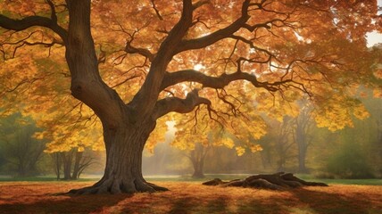 A picturesque scene of diverse trees including a vibrant maple, a sprawling oak, a slender birch, and a robust chestnut, standing isolated with intricate details in their leaves and bark, illuminated 