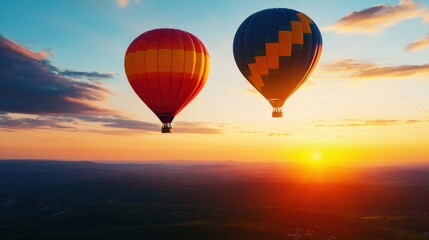 Fototapeta premium Two colorful hot air balloons soaring against a vibrant sunset, capturing the essence of adventure and exploration in the sky.