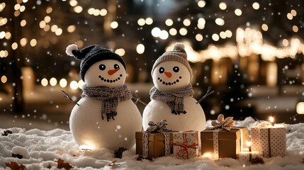 Obraz premium Two cheerful snowmen wearing festive hats and scarves are hugging each other amidst falling snowflakes and colorful wrapped gifts on a wintry day