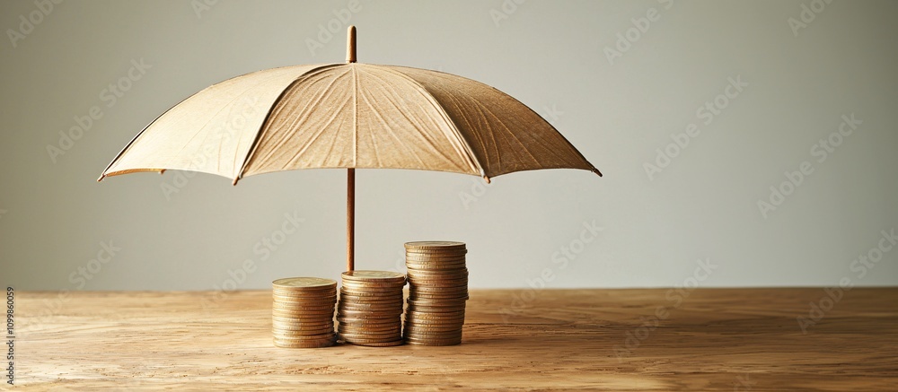 Poster a symbolic image of an umbrella covering coins and bills representing financial protection stock pho