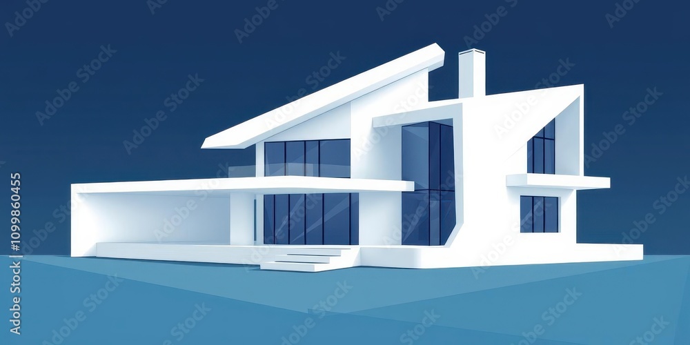Poster dynamic and futuristic abstract rendering of a modern house with clean lines and geometric shapes, d
